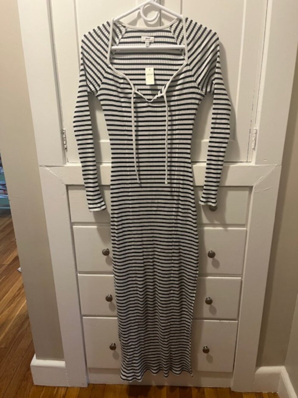 Aerie Ribbed Maxi Dress Navy White Stripe Tie Neck - XS (NWT) - Picture 5 of 6